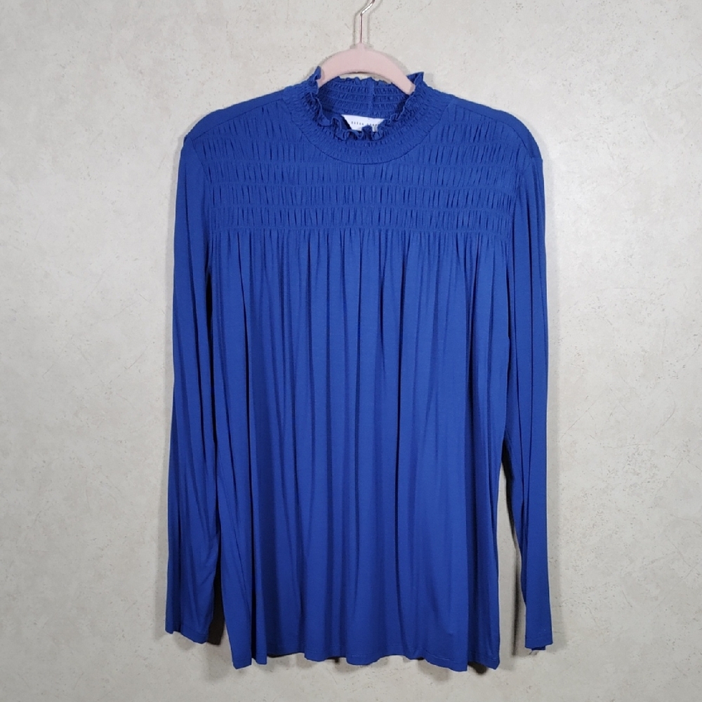 5176 Susan Graver blue L/S smocked front yoke knit blouse L